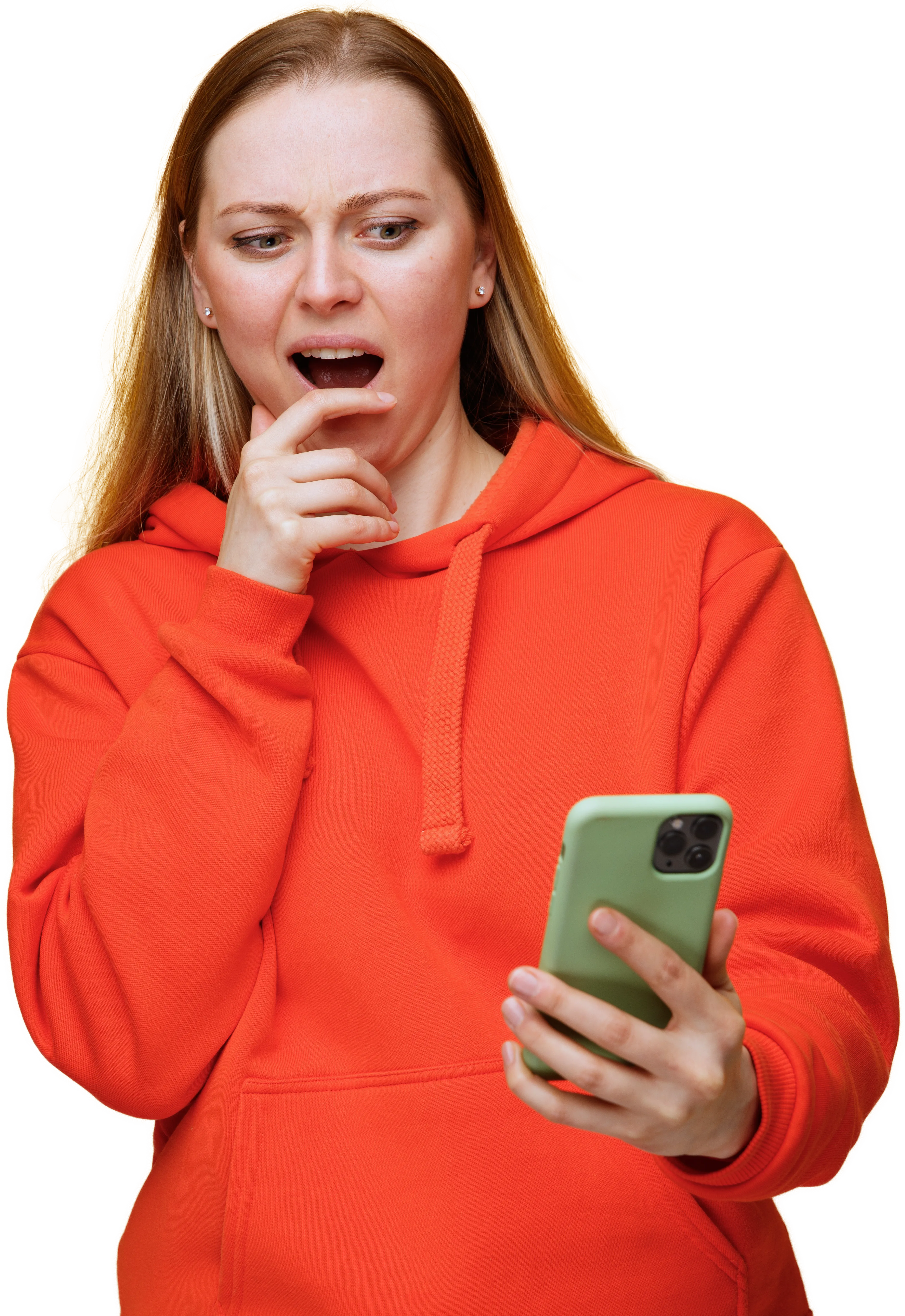Surprised woman looking at her phone